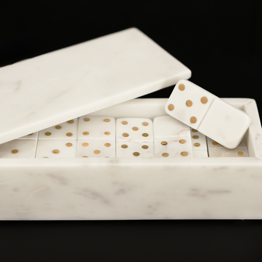 White Marble Dominoes w/ Brass Dots