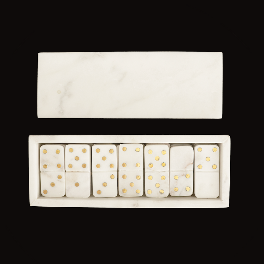 White Marble Dominoes w/ Brass Dots