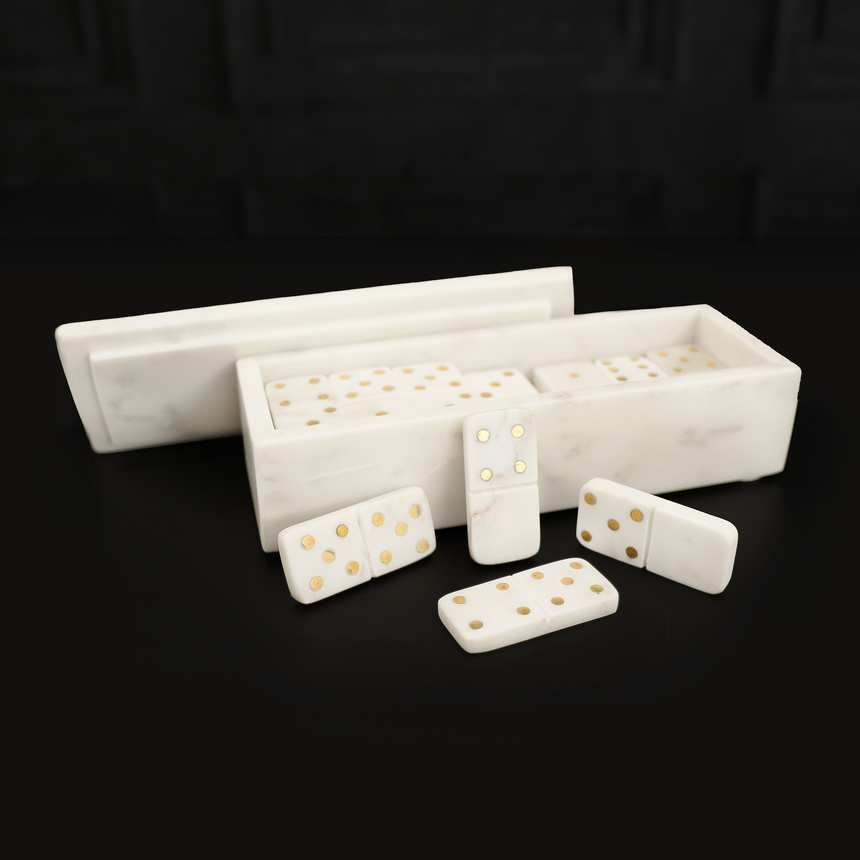 White Marble Dominoes w/ Brass Dots