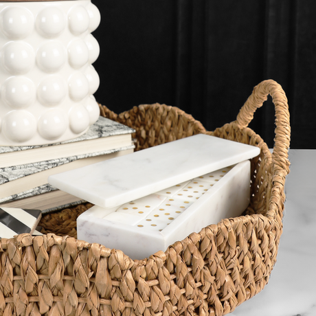 White Marble Dominoes w/ Brass Dots