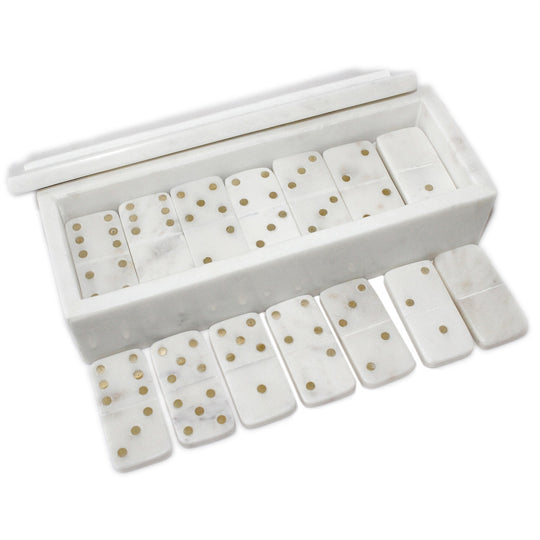White Marble Dominoes w/ Brass Dots