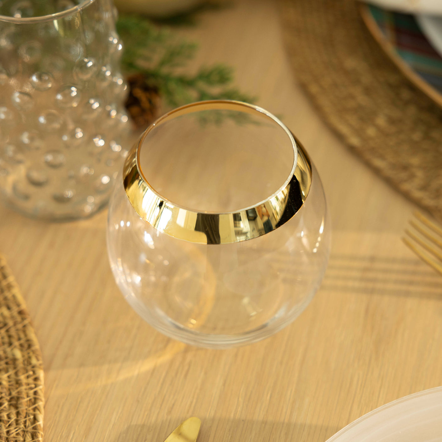 Stemless Drinking Glass w/ Gold Electroplated Rim