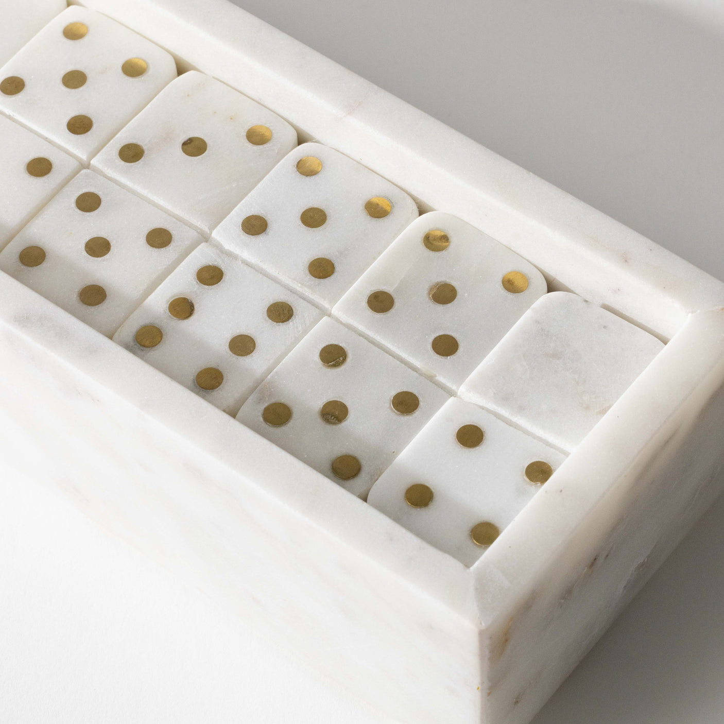 White Marble Dominoes w/ Brass Dots