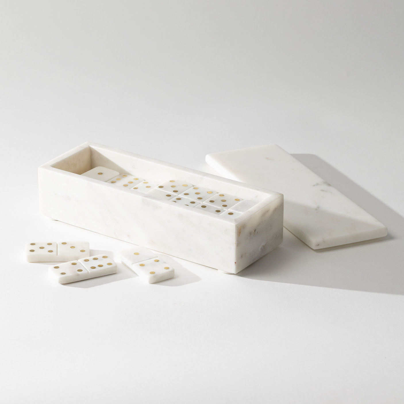 White Marble Dominoes w/ Brass Dots