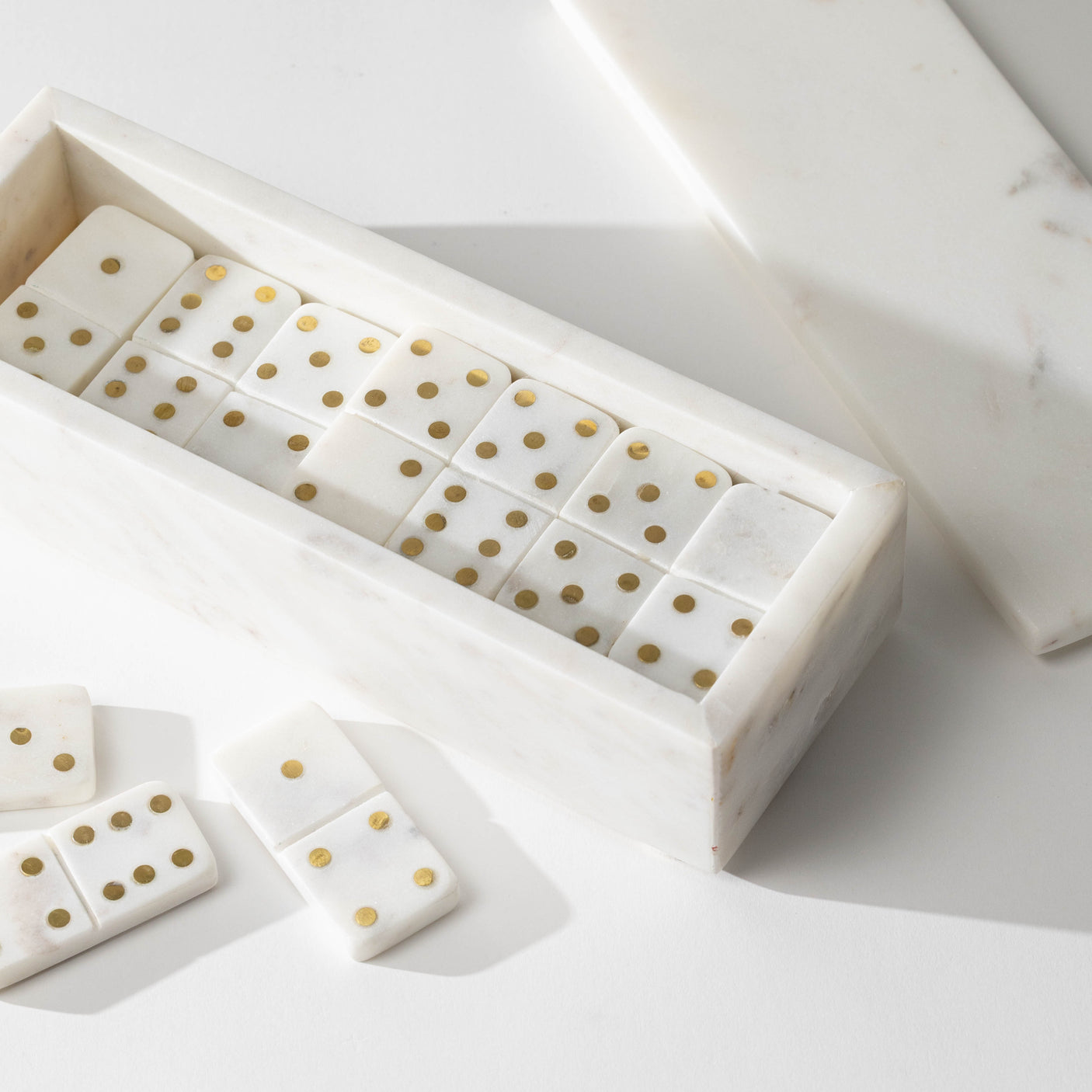White Marble Dominoes w/ Brass Dots