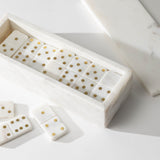 White Marble Dominoes w/ Brass Dots