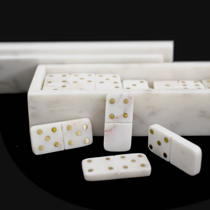 White Marble Dominoes w/ Brass Dots